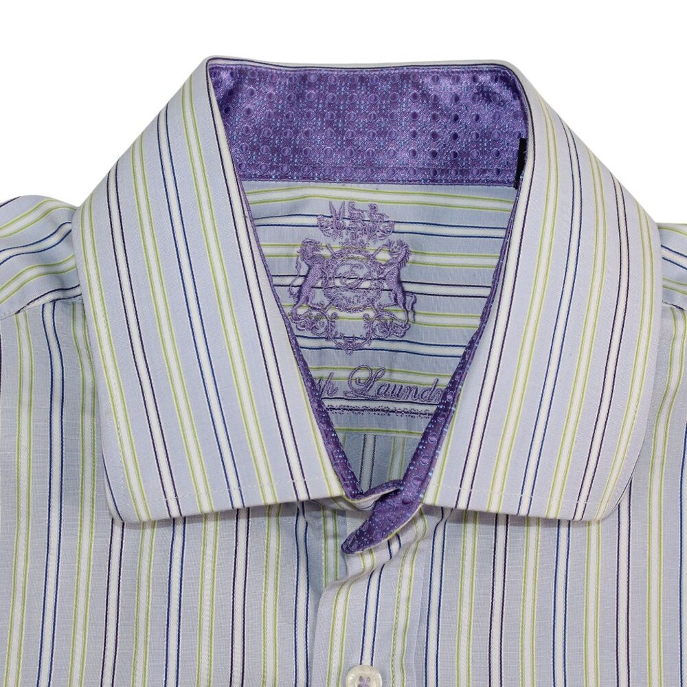 English Laundry Mens 16.5 Dress Shirt Flip Cuff Purple Striped Clubwear Office - Picture 11 of 16